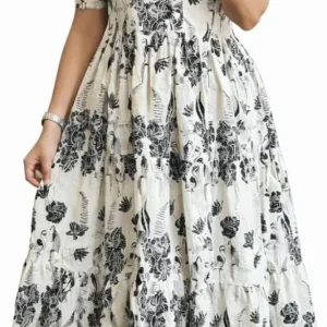 Women's Pink Bandhani Print Tiered Maxi Dress, Short Sleeve, Square Neck, Cotton