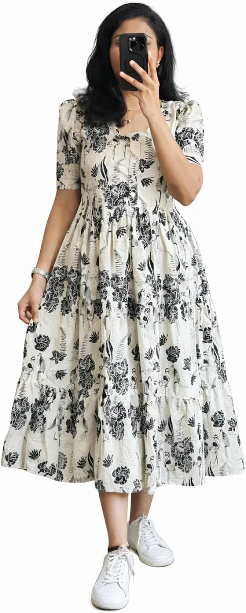 Women's Pink Bandhani Print Tiered Maxi Dress, Short Sleeve, Square Neck, Cotton - Image 4